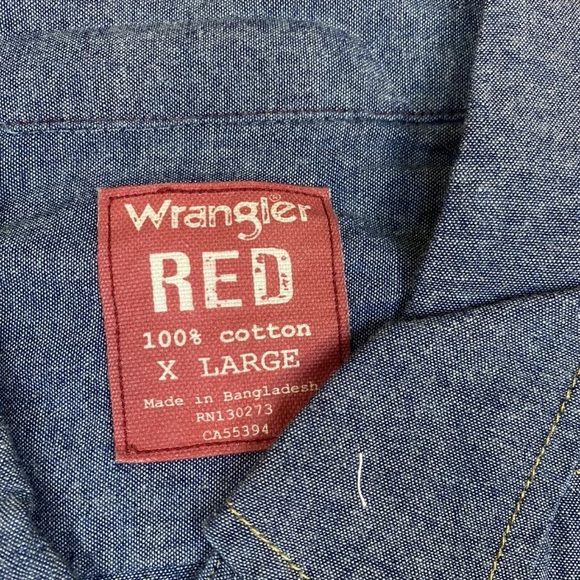Mens Wrangler Red Vintage Slim Shirt Snap Lightweight Long Sleeve Denim XL - Picture 3 of 8